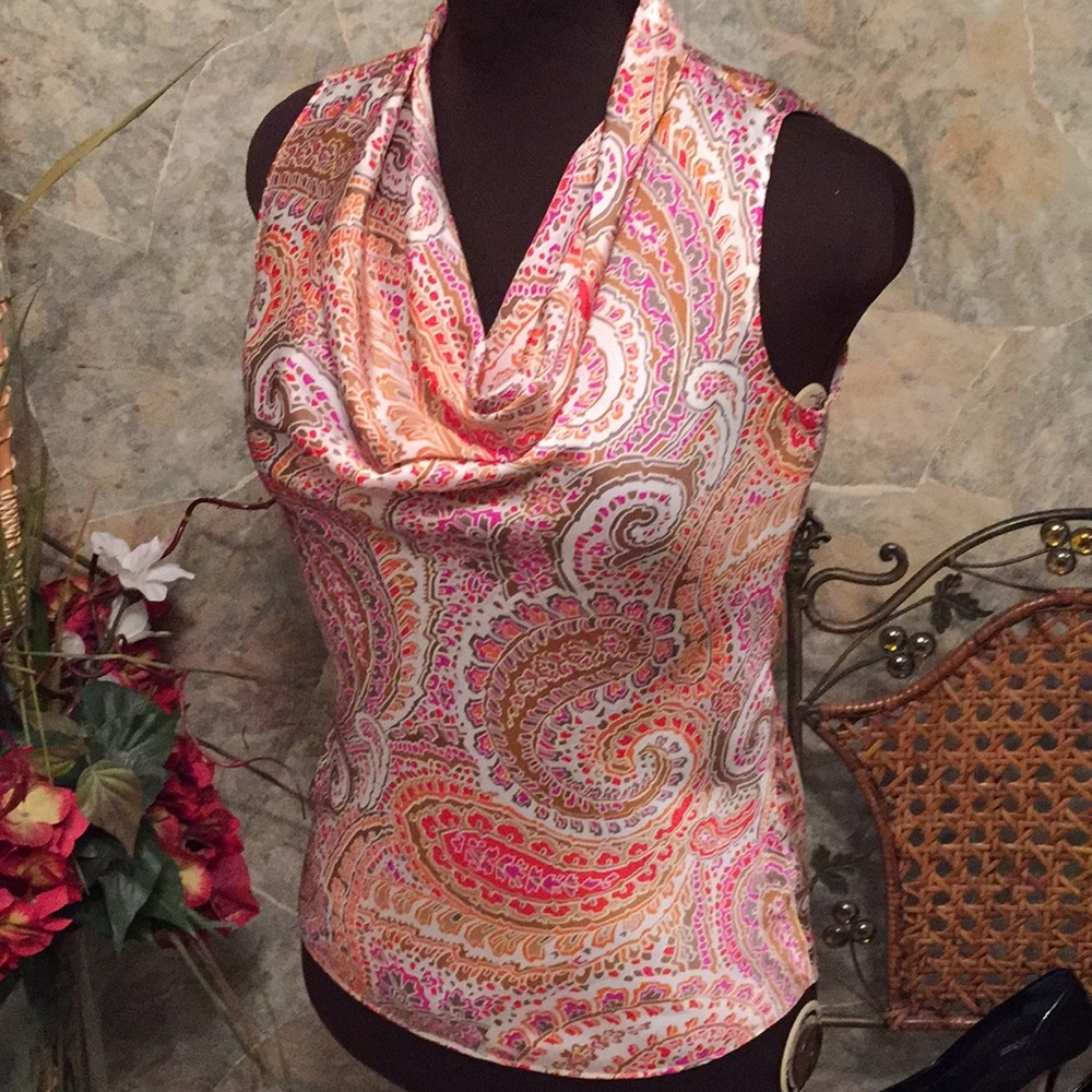 Banana republic vibrant Paisley, sleeveless Cowl neck shirt top blouse tunic